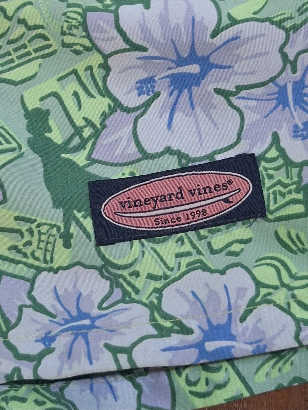 Vineyard Vines Swim Trunks Lined Mens XL Floral Green/Blue Pockets Drawstring